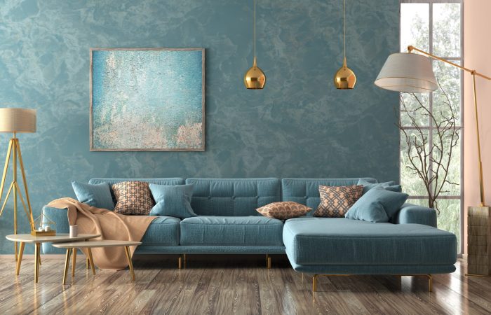 Modern interior of living room with blue corner sofa, coffee tables, floor lamp 3d rendering